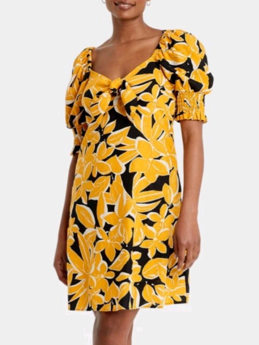 Who What Wear Yellow & Black Floral Tie-Front Puff Sleeve Dress, Size XXL